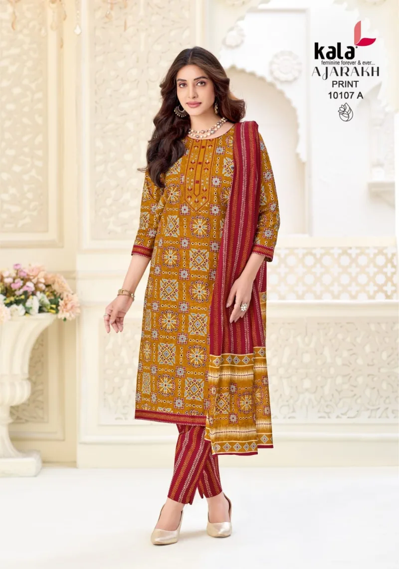Ajarakh Vol 1 By Kala Cotton Readymade Kurti With Bottom Dupatta 